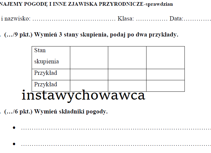 poznajemy pogodę i inne zjawiska przyrodnicze-sprawdzian