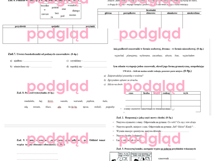 Części mowy - sprawdzian ze wszystkich 10 części mowy - klasa 6 - 7
