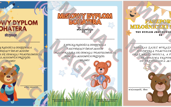 DZIEŃ PLUSZOWEGO MISIA - DYPLOM CERTYFIKAT 3 WZORY