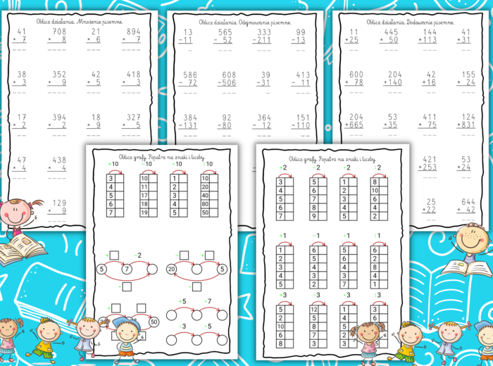 Grafy, działania pisemne, dzielenie z resztą.
