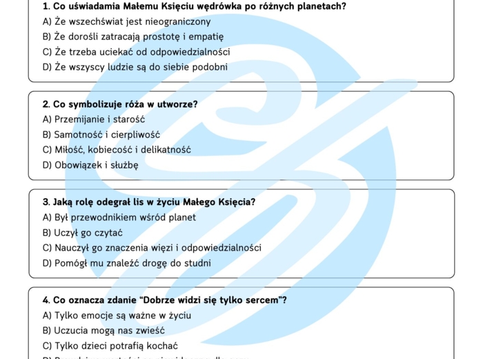 Test z lektury „Mały Książę” | de Saint-Exupery | Szkoła podstawowa | 15 pytań ABCD + Klucz + Skala ocen