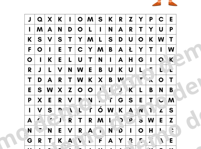 Muzyka, klasa 4-5. Instrumenty strunowe.  Karta pracy: wykreślanka.