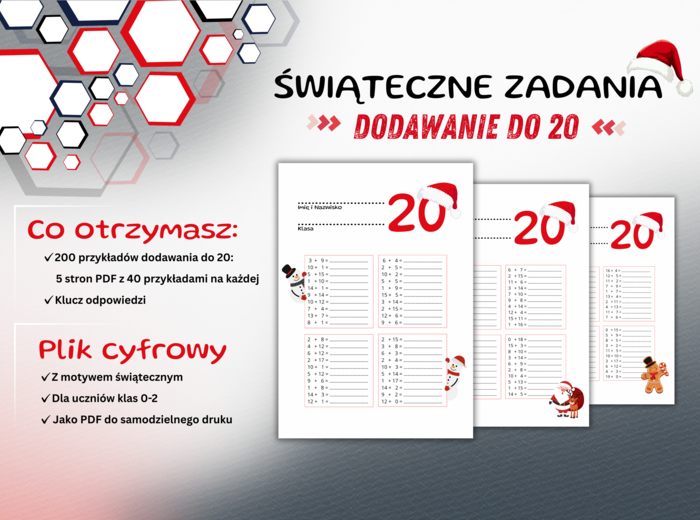 Dodawanie do 20 - Świąteczne zadania matematyczne - Gotowy zestaw 200 działań matematycznych do druku dla dzieci z klas 0–2 + klucz odpowiedzi