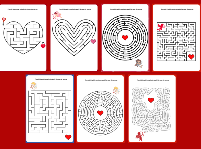 WALENTYNKI – biblioteka – świetlica – przedszkole – labirynty – labirynt – 14 wersji