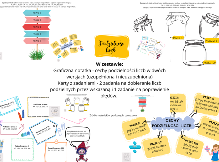 Podzielność liczb - zasady, karty z zadaniami