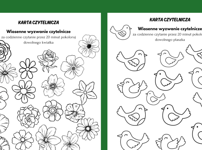 Wiosenne WYZWANIE CZYTELNICZE - karta czytelnika - wiosna - BIBLIOTEKA - 2 wersje