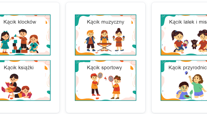 Kąciki tematyczne do przedszkola - wersja z wizerunkiem dzieci