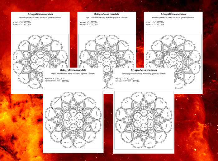 ORTOGRAFICZNE mandale – wyrazy z Ó-U, CH-H, RZ-Ż, Ą-ON, OM, Ę-EN, EM – ortografia - zestaw - mandala