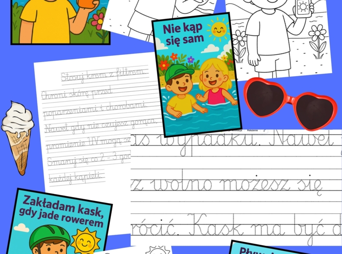 🎒 „Bezpieczne wakacje” – 43-strony - zestaw edukacyjno-terapeutyczny, nauka zasad bezpieczeństwa, terapia ręki i kształtowanie pisma.