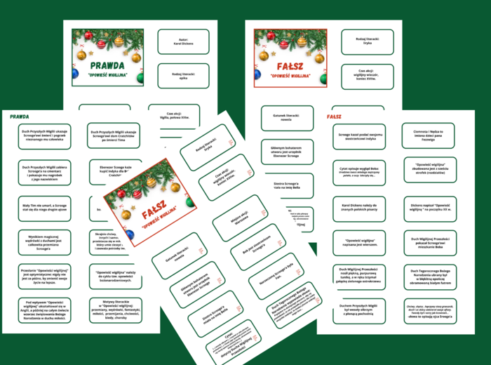 "OPOWIEŚĆ WIGILIJNA" - 68 fiszek - fiszki - PRAWDA - FAŁSZ - lektury obowiązkowe + ODPOWIEDZI