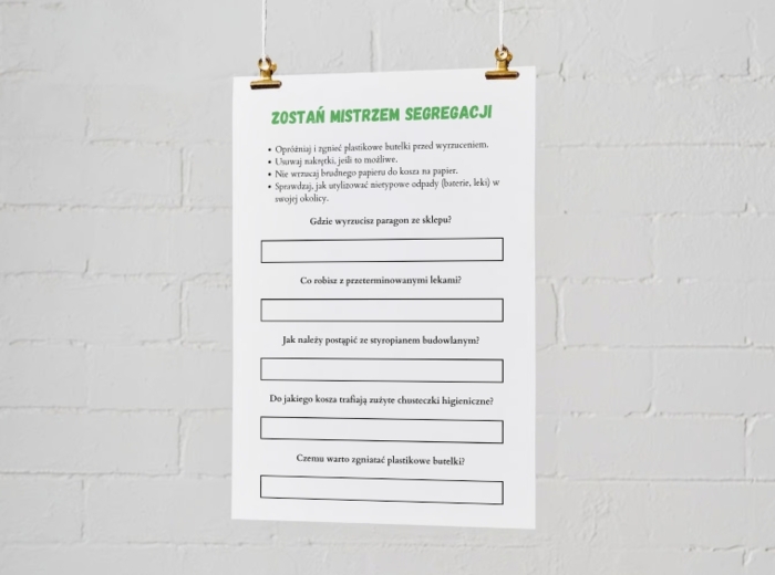 Plakaty edukacyjne. Cykl życia fasoli (etap 1: nasiono, etap 2: kiełek, etap 3: młoda roślina, etap 4: dorosła roślina). Jak segregować śmieci? Kolorowe kosze i co do nich wrzucamy? Najczęstsze błędy i odpady nietypowe.