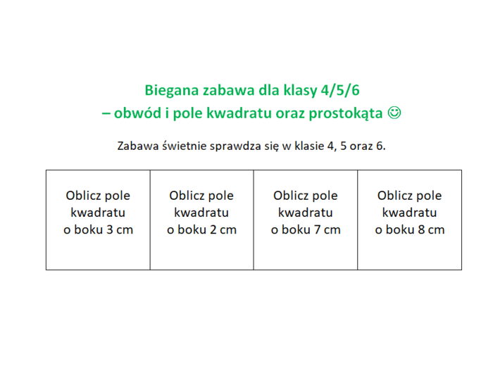 Biegana zabawa. Pole, obwód prostokąta oraz kwadratu. Klasa 4/5.
