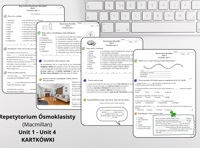 Kartkówki do Repetytorium Ósmoklasisty - Unit 1 - Unit 4 - vocabulary short tests - grammar short tests