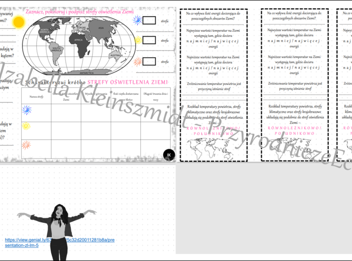 Karta pracy do tematu „Strefy oświetlenia Ziemi” w pdf oraz gratisowo pomysł na lekcję multimedialną z monitorem multimedialnym lub z tabletami (w formie niekomercyjnej prezentacji do edycji – krok po kroku) wykonany w genially. Geografia SP – klasa 6, d
