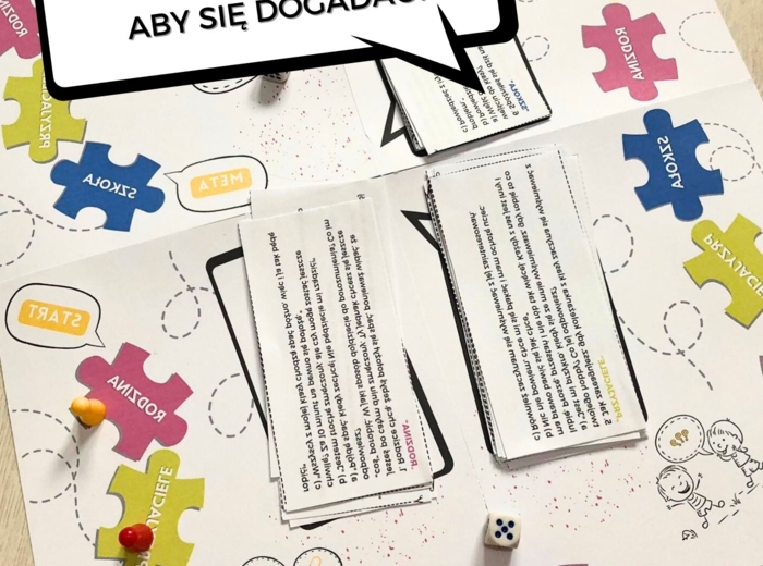 Gra planszowa „Komunikacja – jak rozmawiać, aby się dogadać? Plansza + 45 pytań” dla dzieci 7-9 lat” – pomoc edukacyjna do druku