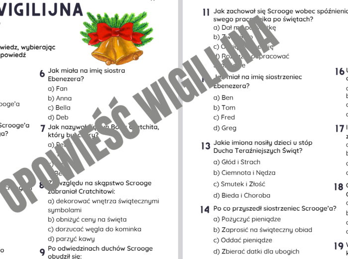 OPOWIEŚĆ WIGILIJNA Charlesa Dickensa - test znajomości lektury