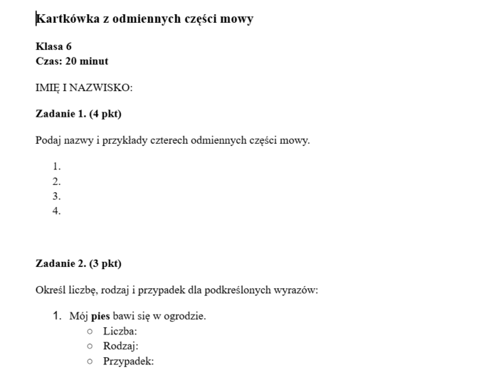 Kartkówka - odmienne części mowy
