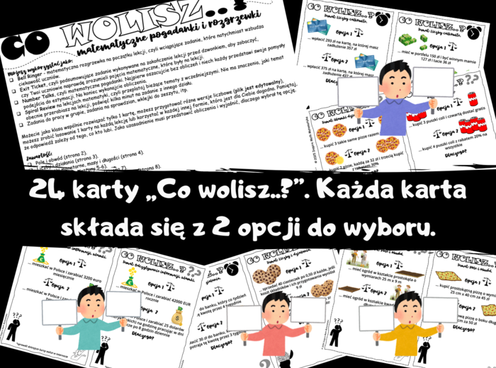 Kreatywne matematyczne karty: Co wolisz..? – Liczby całkowite, ułamki zwykłe i dziesiętne, procenty, jednostki, prędkość, pole i obwód.