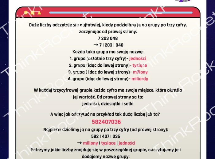 Liczby wielocyfrowe, system dziesiętny | Matematyka klasy 1-4 | 5 dni teorii i zadań w fabule kosmicznej misji ThinkRocket