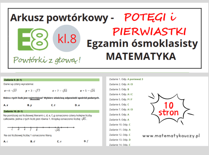 ARKUSZ POWTÓRKOWY kl.8 – POTĘGI i PIERWIASTKI + odpowiedzi / Wymagania na 2025 rok