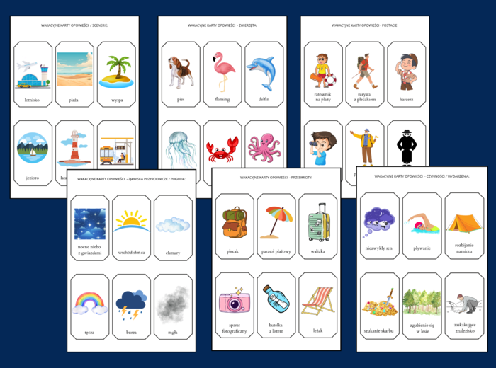 WAKACYJNE KARTY OPOWIEŚCI – ćwiczenia redakcyjne – 66 szt. – wakacje – lato – opowiadanie
