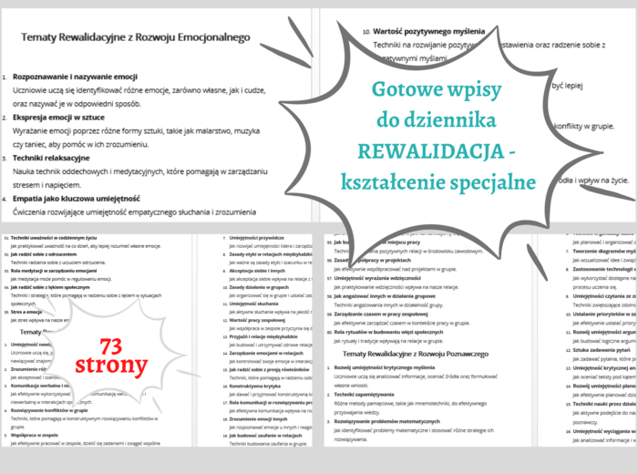 Gotowe TEMATY i WPISY do dziennika ZAJĘĆ / REWALIDACJA (kształcenie specjalne) / 73 strony