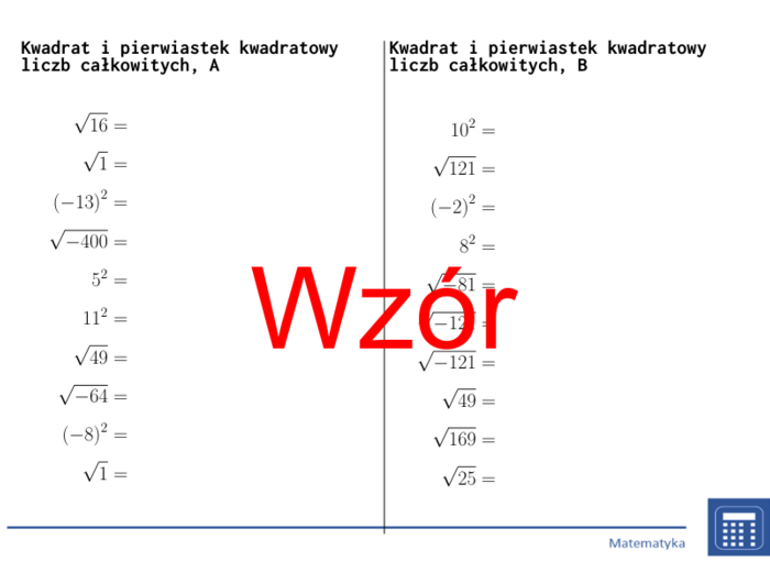 Kwadrat i pierwiastek kwadratowy liczb całkowitych | matematyka | 26 kolumn