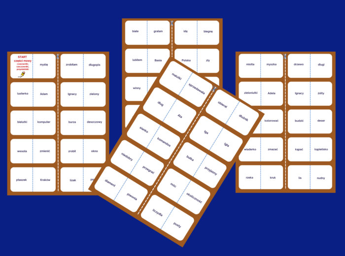 GRAMATYCZNE domino CZĘŚCI MOWY wersja 1 - czasownik - rzeczownik - przymiotnik