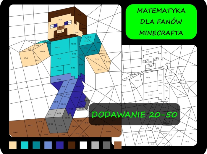 Kolorowanka według wyników dodawania, dodawanie 20-50, Minecraft, matematyka dla fanów Minecrafta, kolorowanka matematyczna