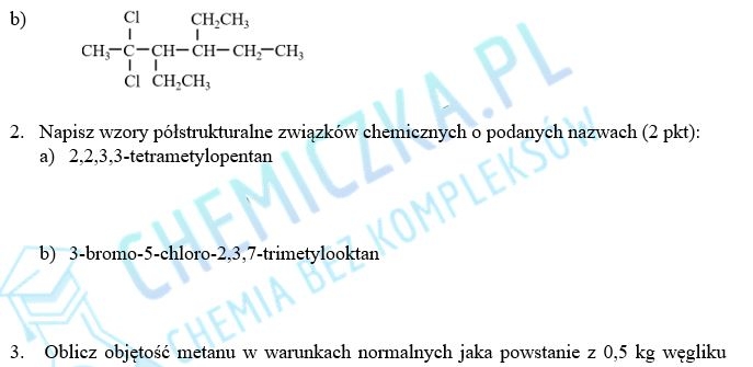Węglowodory nasycone - alkany, kartkówka gr. A i B, karty pracy z odpowiedziami i schematem oceny
