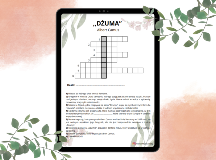 Krzyżówka "Dżuma" Albert Camus - matura, współczesność, powtórki, język polski