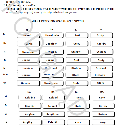 Przypadkowy pociąg- odmiana rzeczownika i przymiotnika przez przypadki.