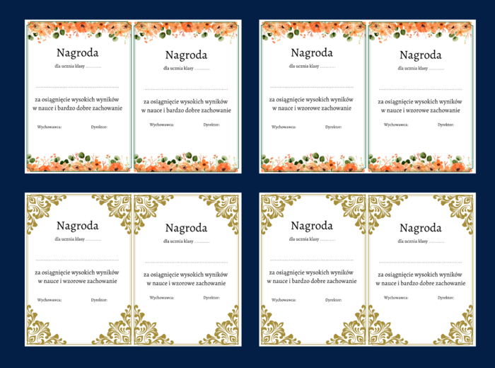 NAGRODA - wkładka do książki - dyplom - dyplomy - 8 wersji - zakończenie roku szkolnego