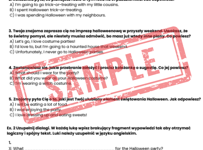 Egzamin Ósmoklasisty – HALLOWEEN | Zestaw zadań egzaminacyjnych z języka angielskiego (reakcje językowe, uzupełnianie dialogów, czytanie ze zrozumieniem, tłumaczenia, e-mail)