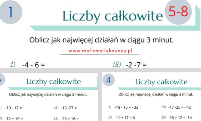 Dodawanie i odejmowanie LICZB CAŁKOWITYCH BEZ NAWIASÓW / Karty pracy PDF kl. 5-8 + ROZWIĄZANIA