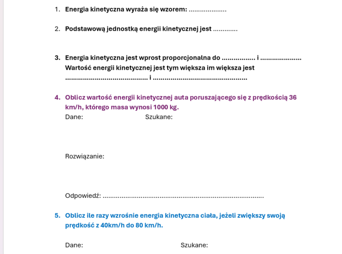 Karta pracy/kartkówka ENERGIA KINETYCZNA