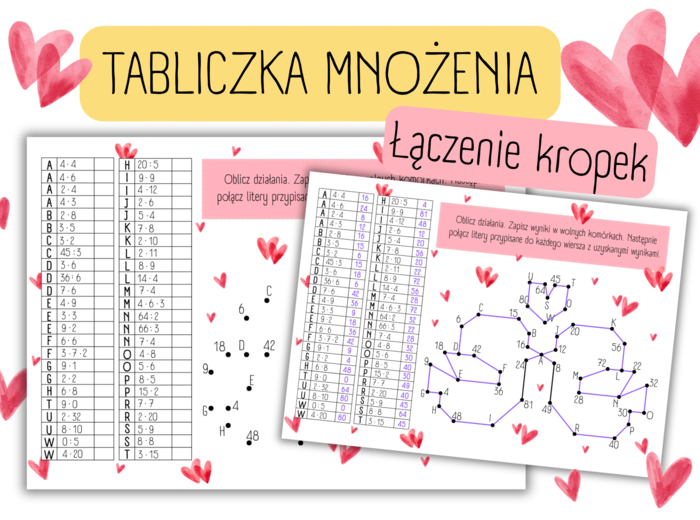 WALENTYNKI - MATEMATYKA - łączenie kropek - TABLICZKA MNOŻENIA