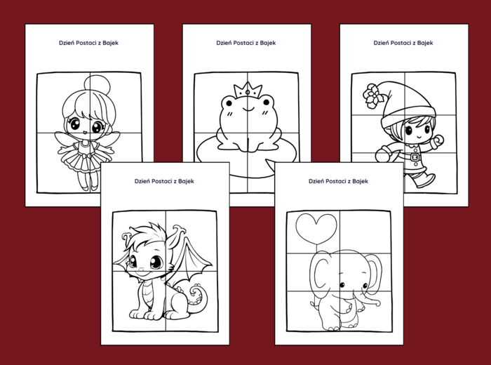 DZIEŃ POSTACI Z BAJEK – biblioteka – świetlica – przedszkole - UKŁADANKA - układanki - puzzle - kolorowanka - 10 szt.