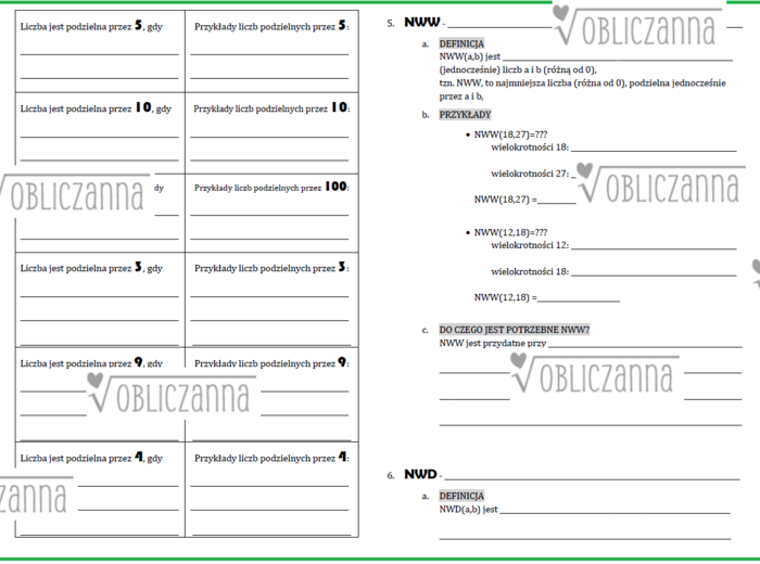 DZIELNIKI, WIELOKROTNOŚCI, CECHY PODZIELNOŚCI, NWW, NWD - notatka (karta do uzupełnienia)