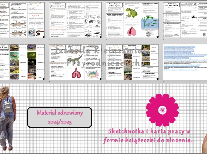 Zestaw sketchnotek/książeczek/notatek/wklejek/ściąg dla ucznia i przypomnień dla nauczyciela/edukacja domowa w pdf do całego działu. Biologia 6, dział „Kręgowce zmiennocieplne”. Nowość 2024/2025.
