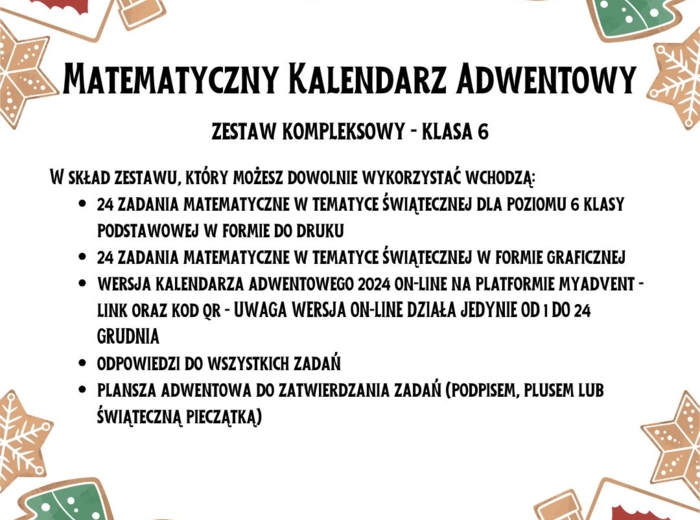 Matematyczny Kalendarz Adwentowy - klasa 6