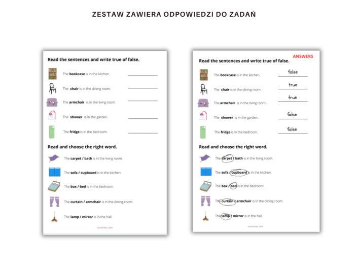 Furniture and rooms - nazwy umeblowania oraz pomieszczenia - karta pracy rozwijająca słownictwo, ćwicząca umiejętność czytania i pisania.