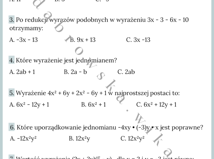 Wyrażenia algebraiczne - quiz powtórzeniowy