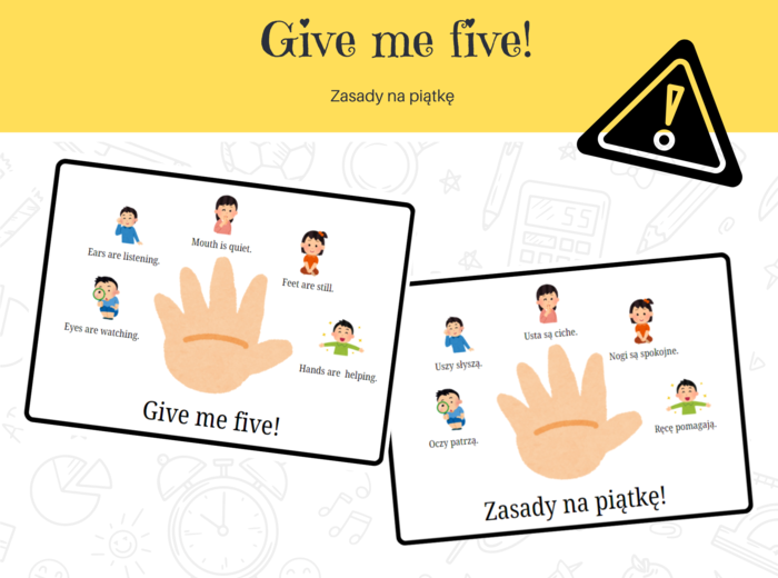 Give me five! Zasady na piątkę - pięć zasad pracy na lekcji, dwie wersje językowe, język angielski, język polski., zarządzanie klasą, classroom menagement