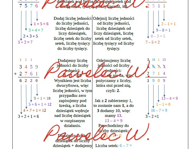 DODAWANIE i ODEJMOWANIE PISEMNE - plakat, kl. 4, kl. 5, kl. 6, kl.7