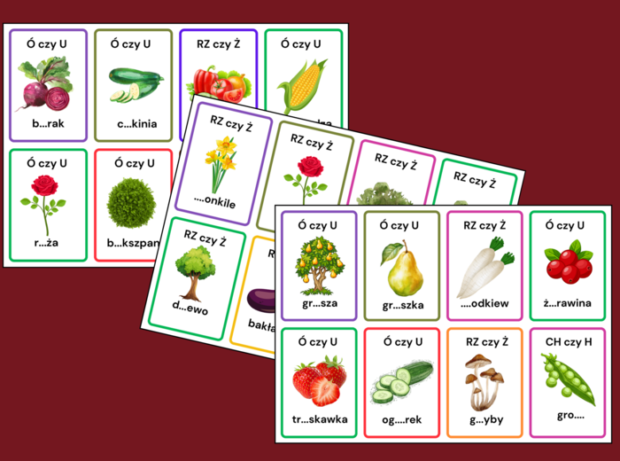 KARTY ORTOGRAFICZNE - warzywa - owoce - rośliny - ORTOGRAFIA - 48 szt. - DZIEŃ OWOCÓW I WARZYW