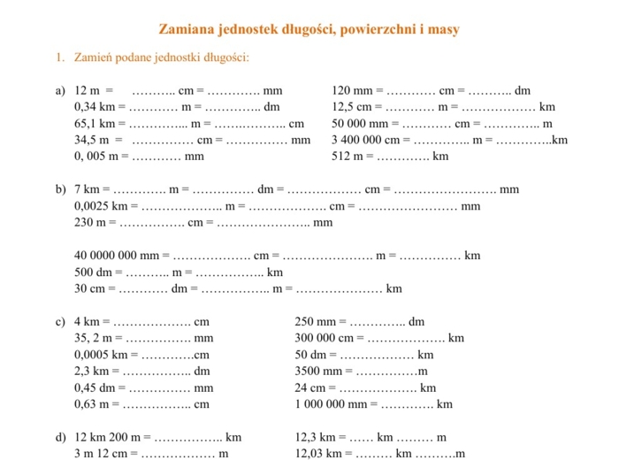 Zamiana jednostek długości, masy i powierzchni