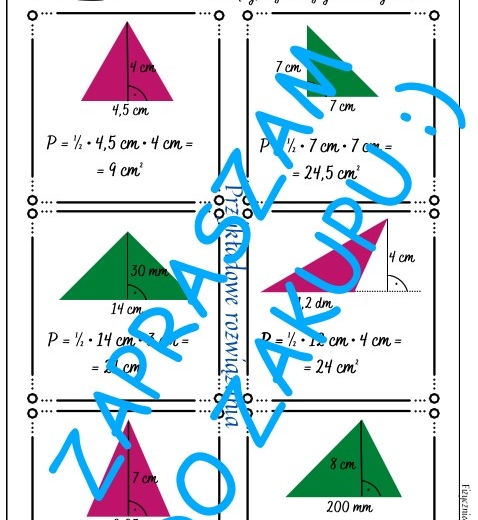 Karta pracy, kartkówka - obliczanie pól trójkątów.