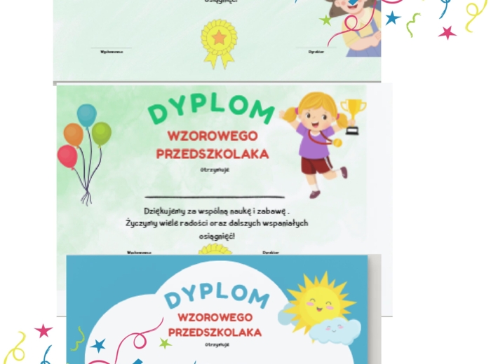 Dyplomy dla wzorowych przedszkolaków. 5 sztuk w zestawie. Plik PNG (ZIP)