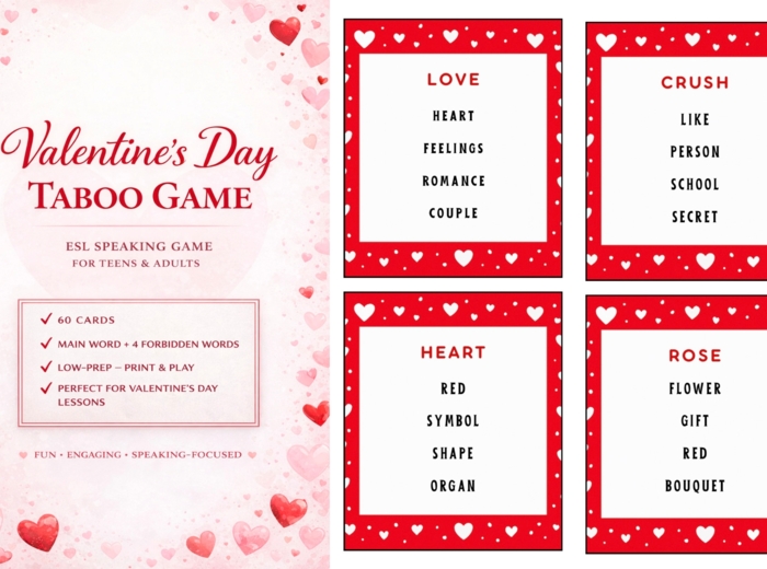 VALENTINE'S DAY TABOO / FORBIDDEN WORDS GAME – gra językowa ESL | 60 kart | Speaking Game A2–B2 | Walentynki